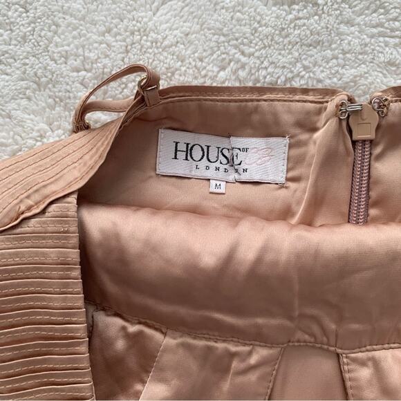 HOUSE OF CB Ronel Nude Tan Beige Champagne Gold Silky Satin Pin Tuck MIDI Dress - Picture 4 of 14